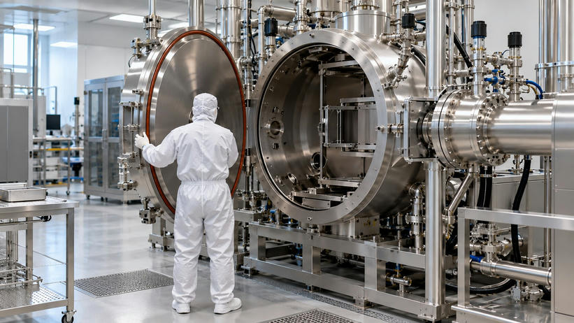 Synthetic editorial illustration. A white-suited technician viewed from behind holds open a large round stainless chamber door. Pipes, valves and vacuum fittings surround the open chamber in a bright clean industrial room.