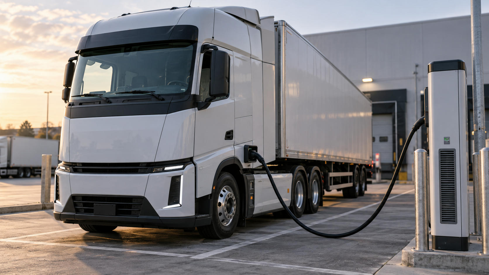 Synthetic editorial illustration. A cargo truck is connected by one continuous cable to a depot charging pedestal.