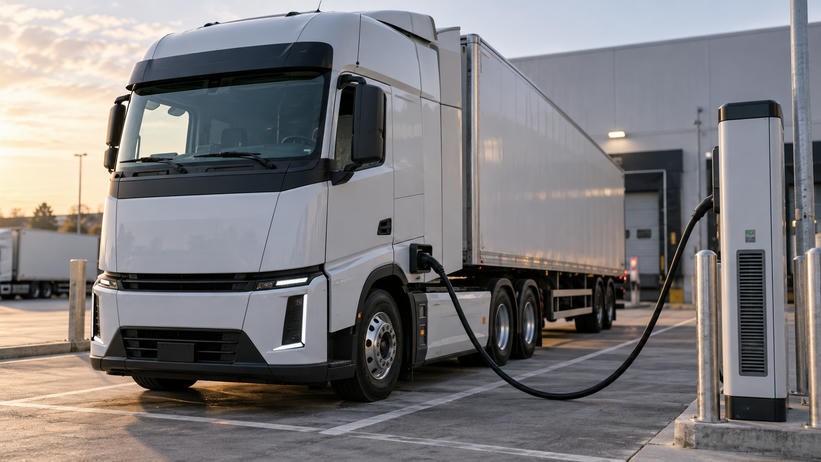 Synthetic editorial illustration. A cargo truck is connected by one continuous cable to a depot charging pedestal.