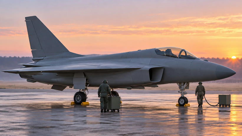 Synthetic editorial illustration. A plain grey single-tail jet stands on an airfield apron in warm dawn light. Two small crew members seen from behind attend unmarked wheeled equipment, with a low treeline beyond.