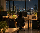 Synthetic editorial illustration. Three people sit with their backs to the viewer at separate desks with dark monitors, potted plants and warm task lamps. City lights fill the windows beyond the office.