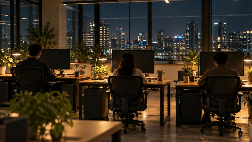 Synthetic editorial illustration. Three people sit with their backs to the viewer at separate desks with dark monitors, potted plants and warm task lamps. City lights fill the windows beyond the office.