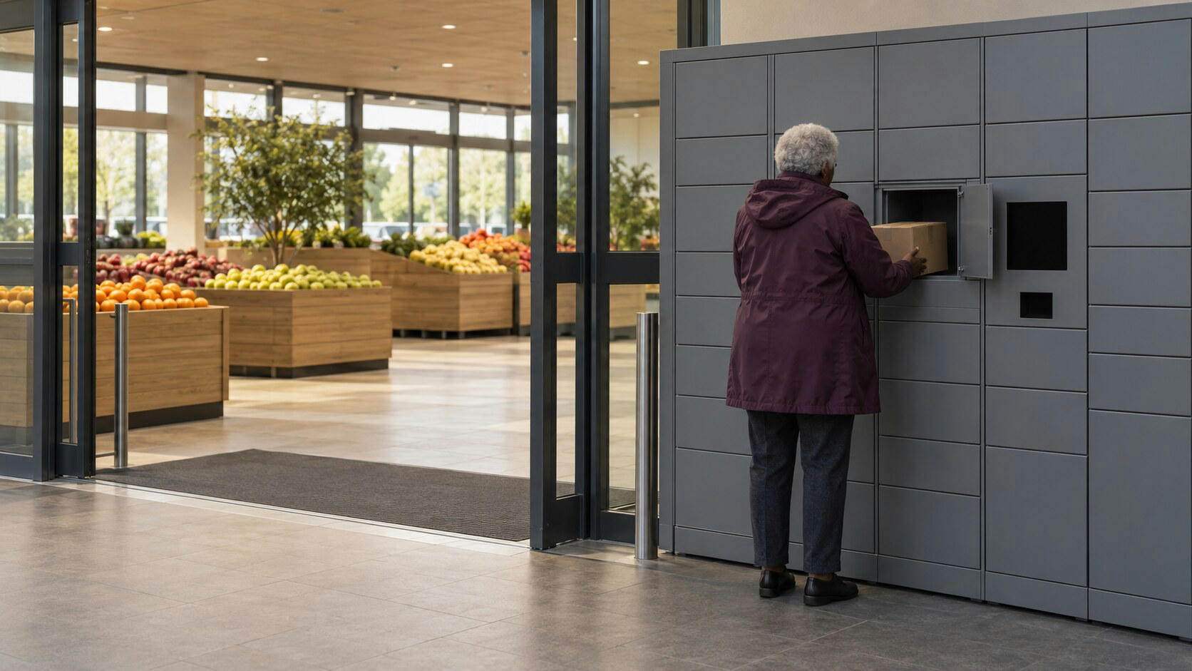 Synthetic editorial illustration. A supermarket entrance. A grey-haired shopper viewed from behind removes a cardboard box from a plain grey parcel locker, with loose fruit in wooden bins inside the glass doors.