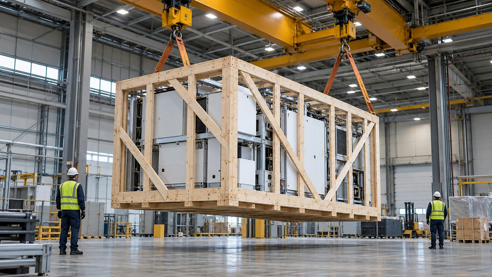 Synthetic editorial illustration. A factory shipping hall. A huge precision machine within an open timber crate hangs from overhead crane slings, while two workers seen from behind stand clear on the polished floor.