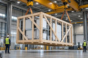 Synthetic editorial illustration. A factory shipping hall. A huge precision machine within an open timber crate hangs from overhead crane slings, while two workers seen from behind stand clear on the polished floor.