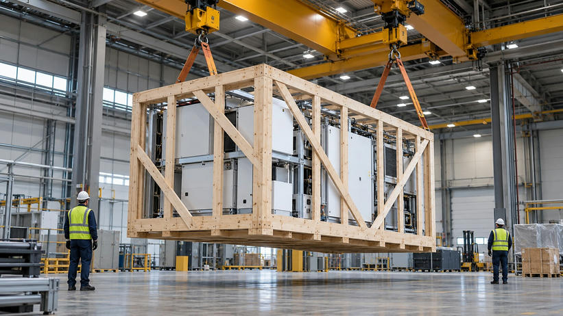 Synthetic editorial illustration. A factory shipping hall. A huge precision machine within an open timber crate hangs from overhead crane slings, while two workers seen from behind stand clear on the polished floor.
