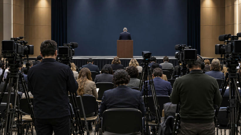 Synthetic editorial illustration. Rows of seated journalists and camera operators viewed from behind face a lectern in a formal press room. The distant speaker also faces away against a blank dark backdrop, with camera displays dark.