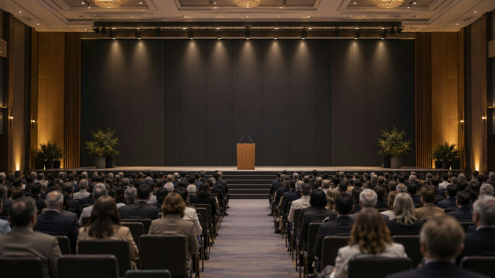 Synthetic editorial illustration. A large meeting hall contains an audience seated in rows facing an empty stage. Rear-facing attendees flank a central aisle leading to a plain wooden lectern against a dark blank backdrop.