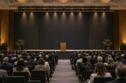 Synthetic editorial illustration. A large meeting hall contains an audience seated in rows facing an empty stage. Rear-facing attendees flank a central aisle leading to a plain wooden lectern against a dark blank backdrop.