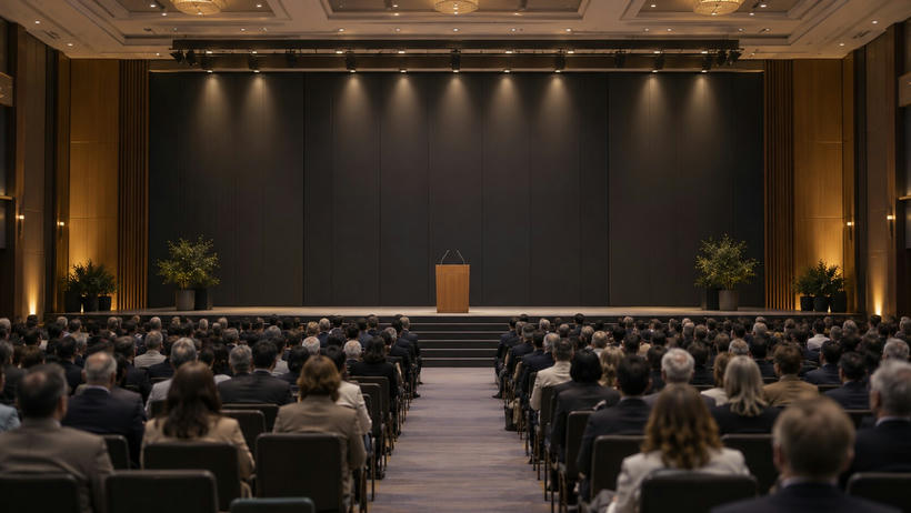 Synthetic editorial illustration. A large meeting hall contains an audience seated in rows facing an empty stage. Rear-facing attendees flank a central aisle leading to a plain wooden lectern against a dark blank backdrop.