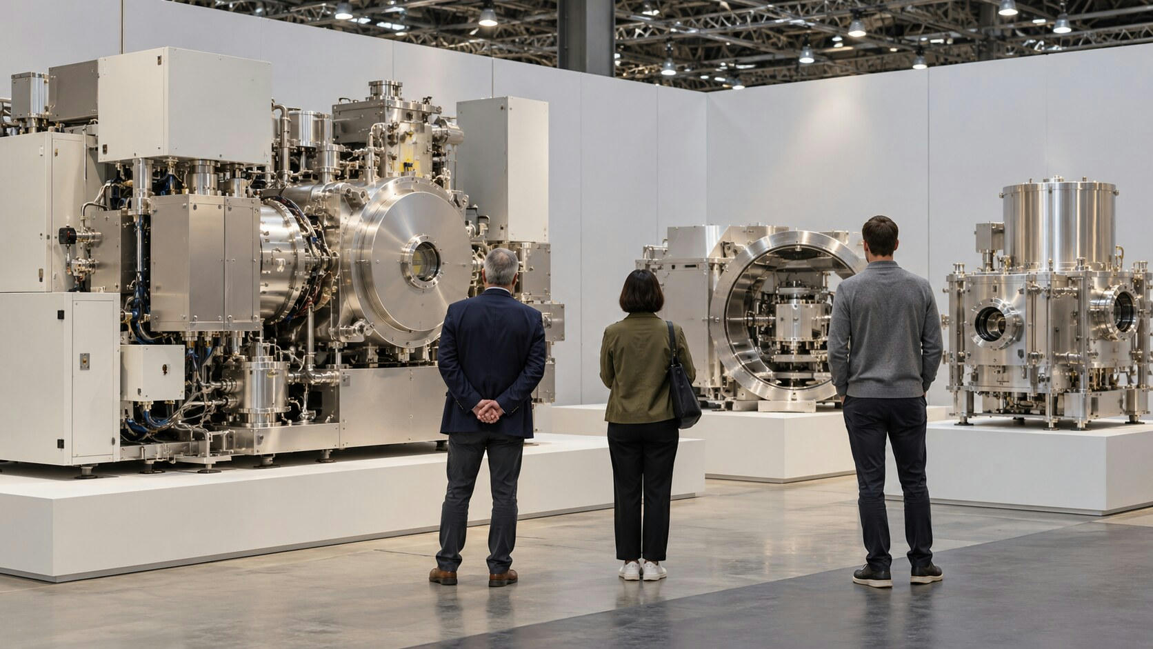 Synthetic editorial illustration. An equipment exhibition booth. Three visitors seen from behind look at large polished metal chambers and machinery on white platforms. Blank partition walls stand beneath the hall's exposed roof trusses.