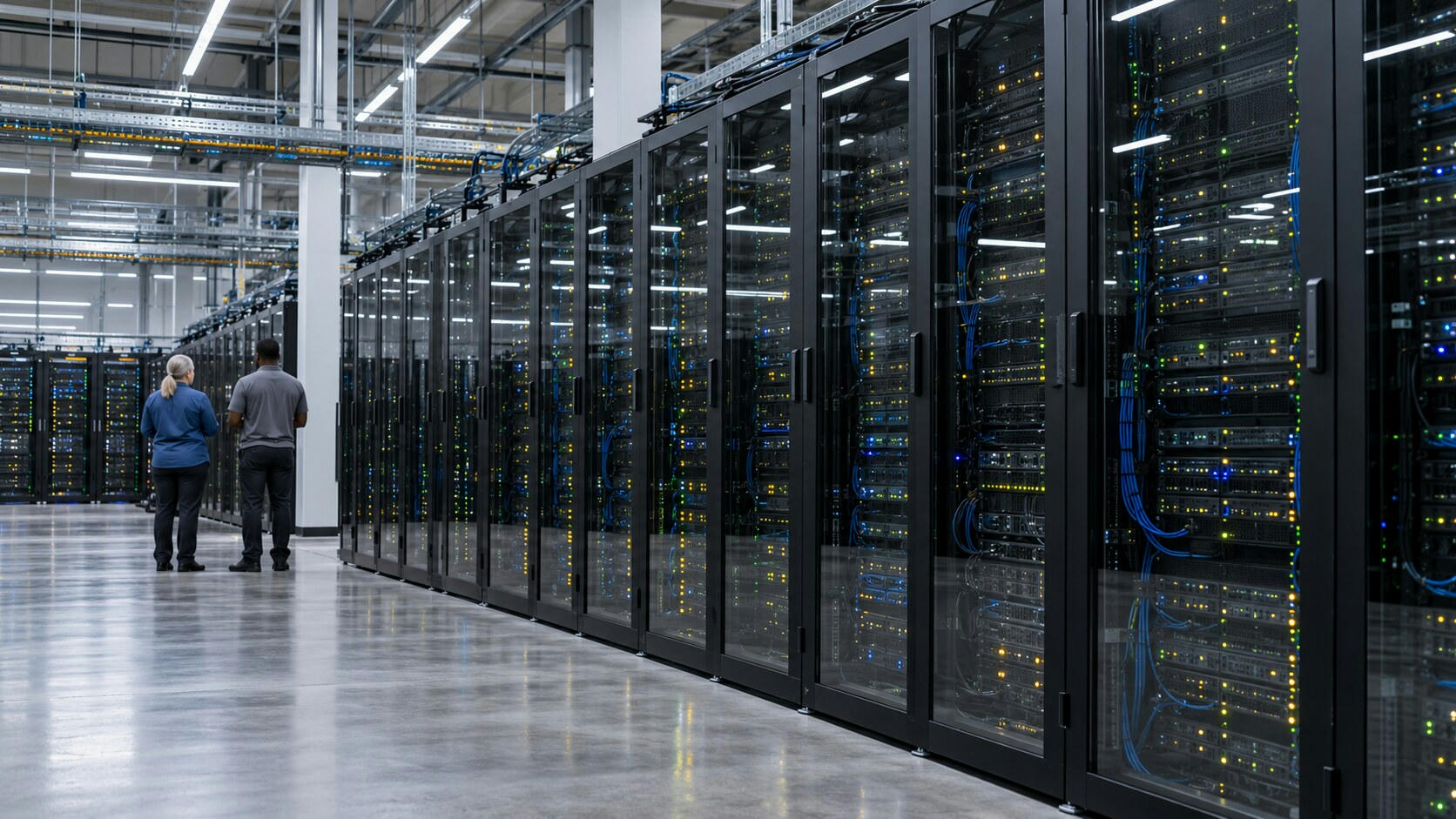 Synthetic editorial illustration. A server hall. Two rear-facing engineers stand beside long glass-fronted racks filled with equipment and small green, blue and amber lights, beneath overhead cable trays and bright strip lighting.