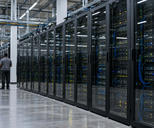 Synthetic editorial illustration. A server hall. Two rear-facing engineers stand beside long glass-fronted racks filled with equipment and small green, blue and amber lights, beneath overhead cable trays and bright strip lighting.