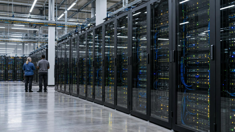 Synthetic editorial illustration. A server hall. Two rear-facing engineers stand beside long glass-fronted racks filled with equipment and small green, blue and amber lights, beneath overhead cable trays and bright strip lighting.