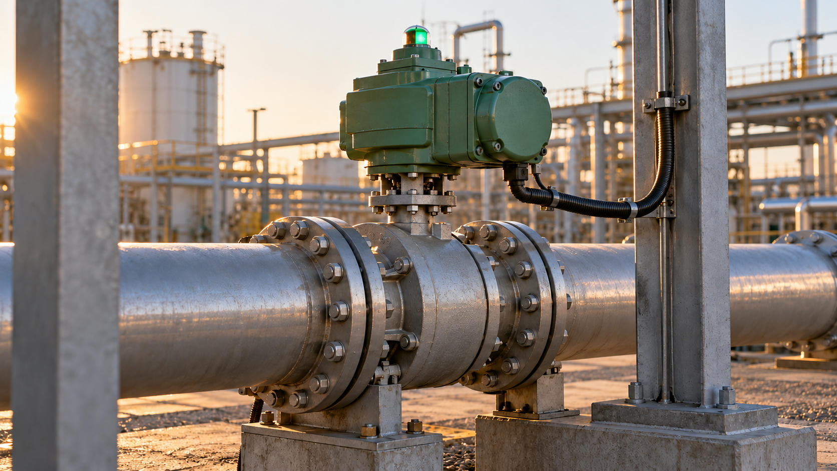 Synthetic editorial illustration. One motorised valve actuator is mounted on a connected outdoor process pipeline, with a routed control cable and small indicator.
