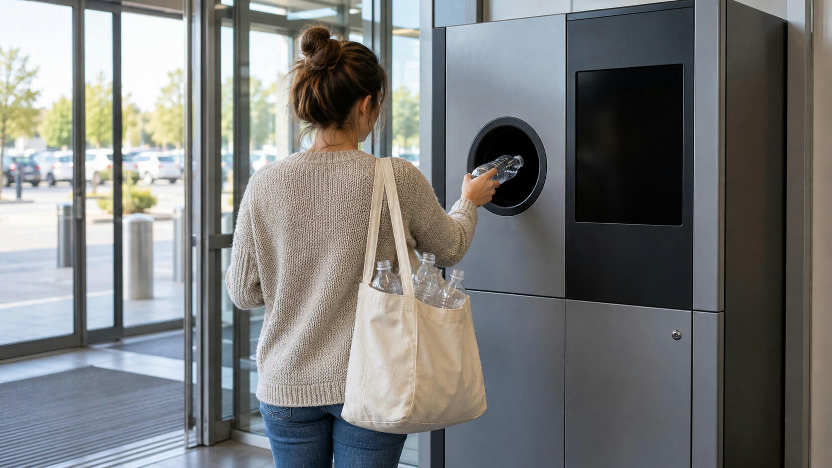 Synthetic editorial illustration. A shopper viewed from behind places an unlabeled plastic bottle into the round opening of a plain grey return machine. Its screen is dark, and more empty bottles sit in a cloth shoulder bag by the glass entrance.