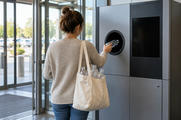 Synthetic editorial illustration. A shopper viewed from behind places an unlabeled plastic bottle into the round opening of a plain grey return machine. Its screen is dark, and more empty bottles sit in a cloth shoulder bag by the glass entrance.
