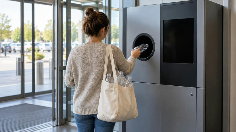 Synthetic editorial illustration. A shopper viewed from behind places an unlabeled plastic bottle into the round opening of a plain grey return machine. Its screen is dark, and more empty bottles sit in a cloth shoulder bag by the glass entrance.