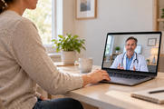 Synthetic editorial illustration. A casual-clothed patient uses the trackpad of an ordinary open laptop during a video consultation; the remote doctor has a fully framed head and shoulders.