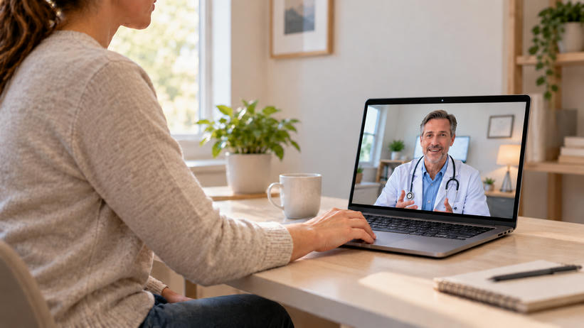 Synthetic editorial illustration. A casual-clothed patient uses the trackpad of an ordinary open laptop during a video consultation; the remote doctor has a fully framed head and shoulders.