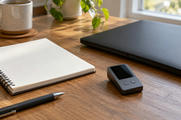 Synthetic editorial illustration. A small plain angular device with a dark screen and two blank buttons sits on a wooden desk. A blank notebook, pen, closed dark laptop and plain coffee mug are nearby in window light.