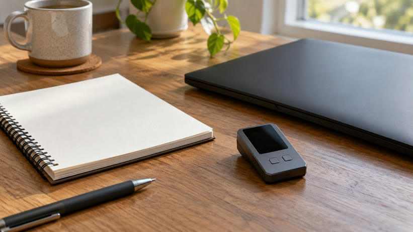 Synthetic editorial illustration. A small plain angular device with a dark screen and two blank buttons sits on a wooden desk. A blank notebook, pen, closed dark laptop and plain coffee mug are nearby in window light.