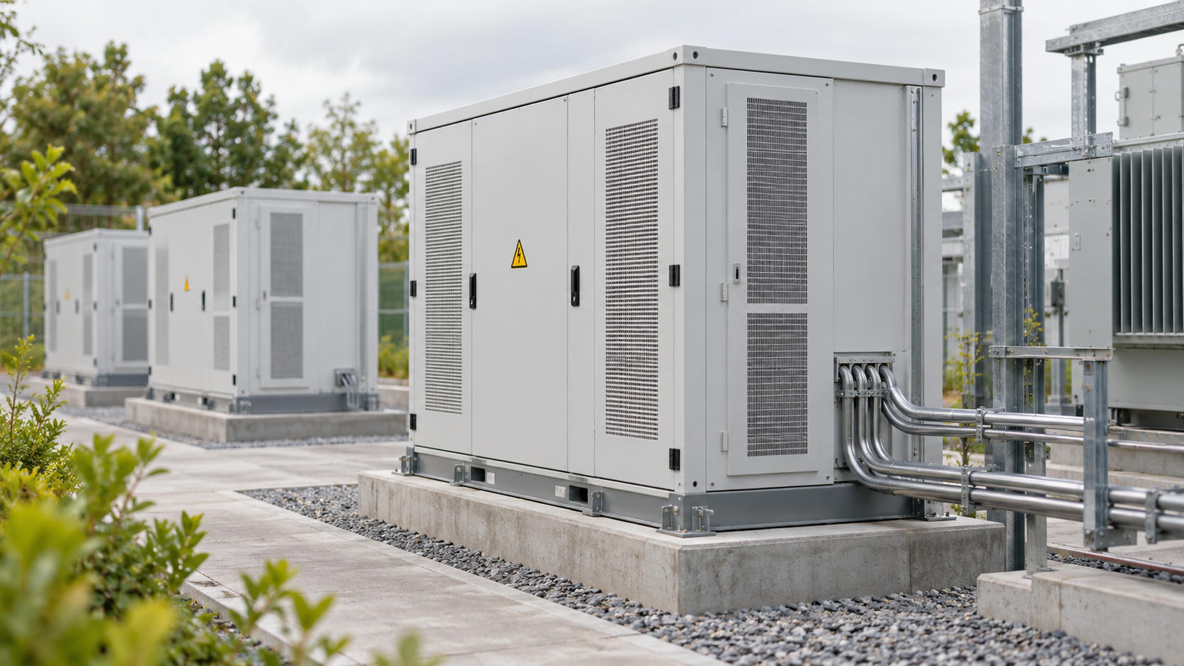 Synthetic editorial illustration. Installed equipment enclosures are connected by supported conduits beside transformer equipment.