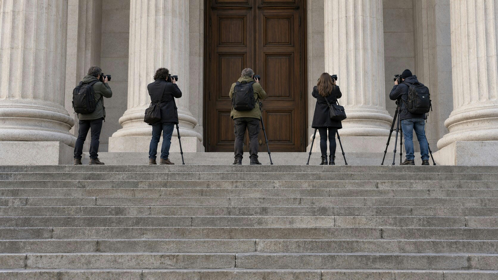 Synthetic editorial illustration. Broad courthouse steps lead to tall stone columns and closed wooden doors. Five rear-facing photographers wait on the upper landing with cameras, tripods and shoulder bags.