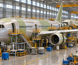 Synthetic editorial illustration. Several unpainted passenger-aircraft fuselages line a vast bright assembly hangar. Bare metal and pale primer surfaces sit among yellow access platforms, wheeled cabinets and overhead cranes.