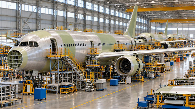 Synthetic editorial illustration. Several unpainted passenger-aircraft fuselages line a vast bright assembly hangar. Bare metal and pale primer surfaces sit among yellow access platforms, wheeled cabinets and overhead cranes.