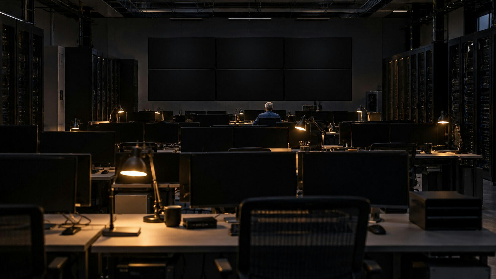 Synthetic editorial illustration. A network operations room contains rows of dark monitors and a wall of switched-off displays. Small desk lamps illuminate a distant rear-facing worker and equipment racks.