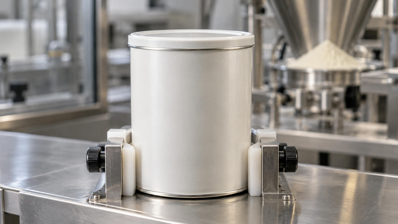 Synthetic editorial illustration. A single plain cylindrical powder tin in a food-factory inspection cradle, with stainless powder-handling equipment blurred behind it.