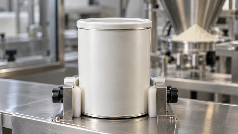 Synthetic editorial illustration. A single plain cylindrical powder tin in a food-factory inspection cradle, with stainless powder-handling equipment blurred behind it.