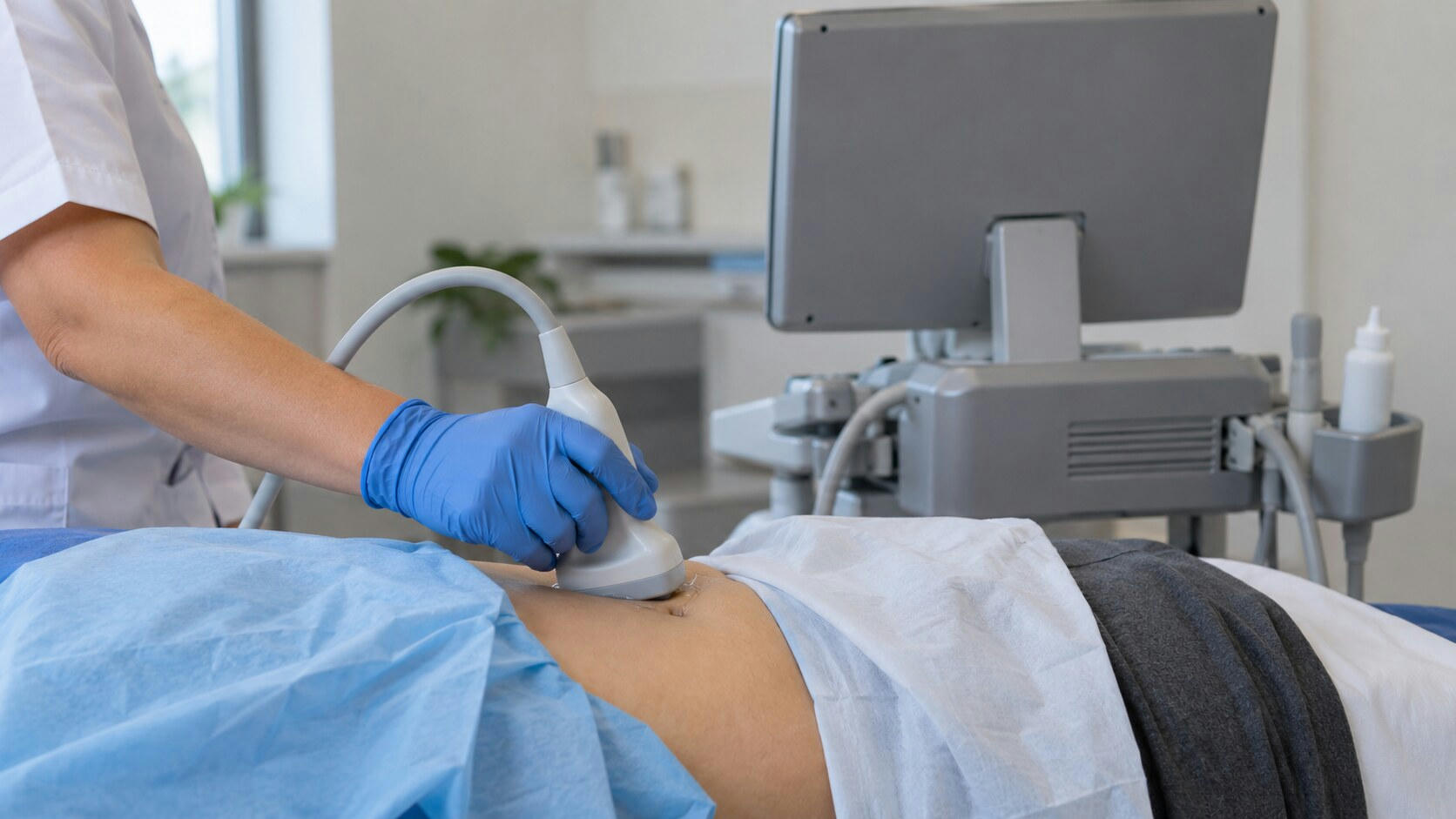 Synthetic editorial illustration. A blue-gloved hand holds an ultrasound probe against a draped patient's abdomen. The plain back of the monitor faces the camera beside unlabeled clinical supplies; no heads are visible.
