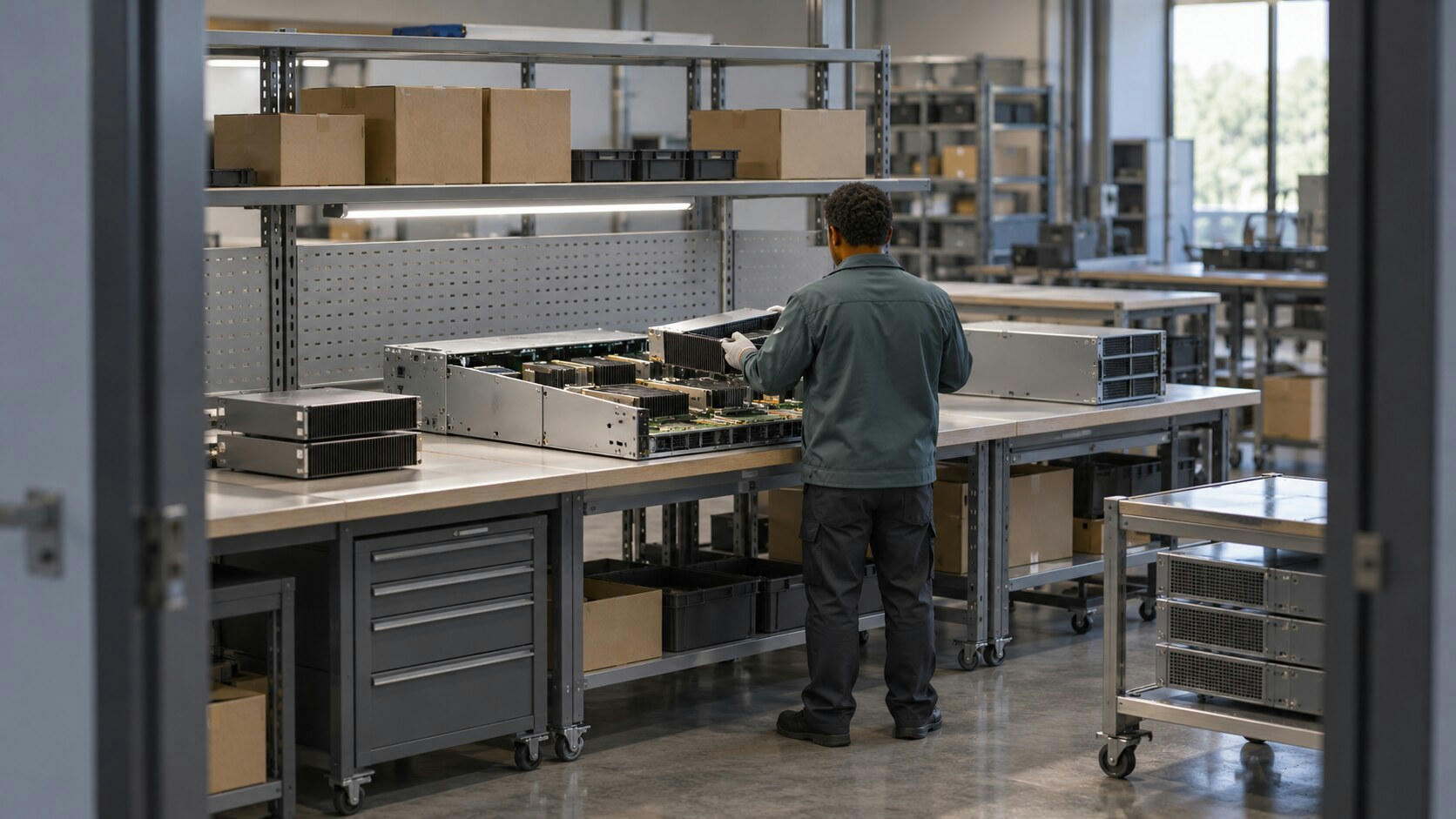 Synthetic editorial illustration. A server assembly workshop. A gloved technician seen from behind lowers a finned accelerator module into an open server chassis on a workbench, with other modules and blank boxes nearby.