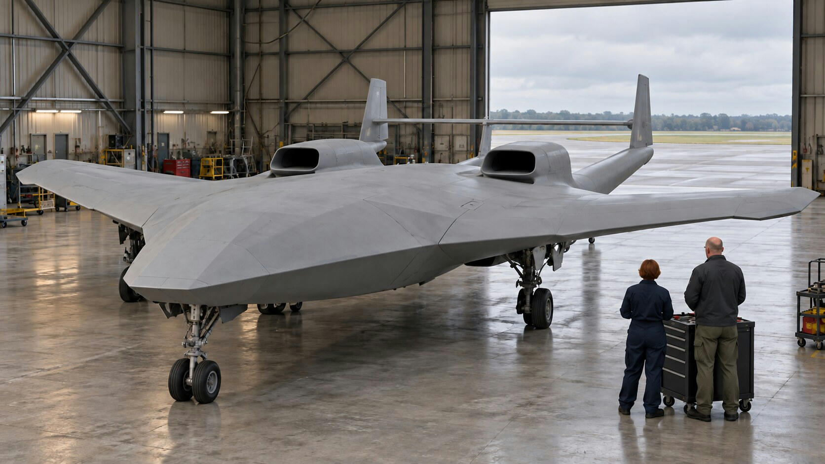 Synthetic editorial illustration. A broad unmarked aircraft with two upper engine inlets, twin tail booms and a straight joining tailplane stands in a hangar. Two engineers viewed from behind stand beside a tool chest under soft daylight.