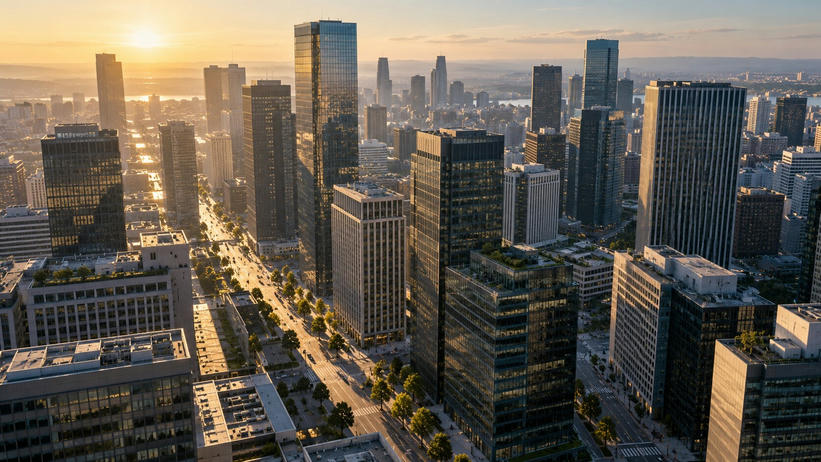 Synthetic editorial illustration. An elevated view looks across rectangular office towers and a grid of streets. Low morning sunlight warms the facades and throws long shadows between buildings.