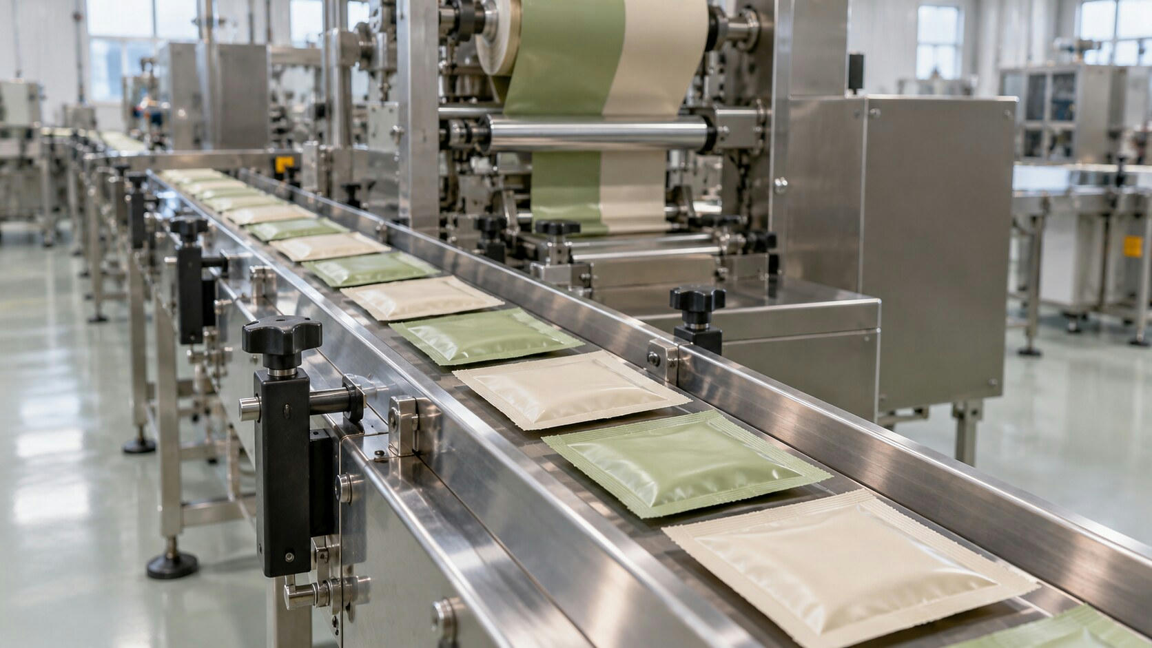 Synthetic editorial illustration. Plain cream and pale-green foil sachets travel along a stainless-steel conveyor beneath packing rollers. Bright windows light the clean industrial room.