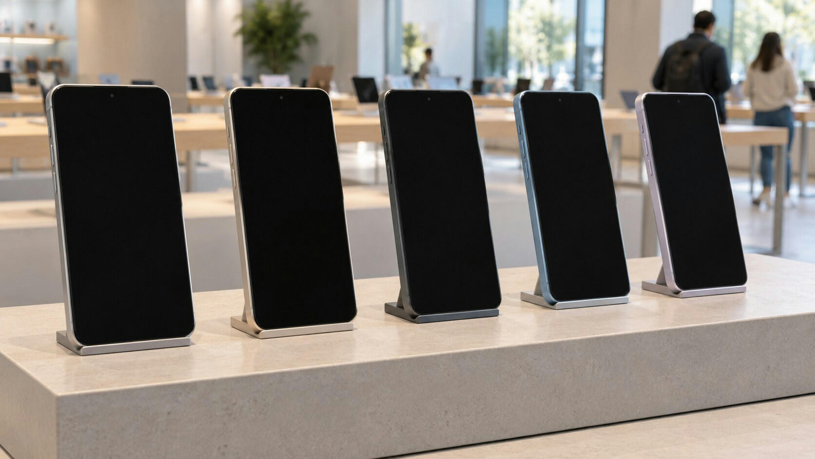 Synthetic editorial illustration. Five upright phones with entirely dark screens stand on plain metal supports along a pale showroom plinth. Daylight and softly blurred display tables fill the background.