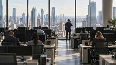 Synthetic editorial illustration. A trading floor. Rear-facing workers sit among rows of desks and dark monitors, while a suited colleague stands by tall windows holding a phone to an ear above a bright midday city view.