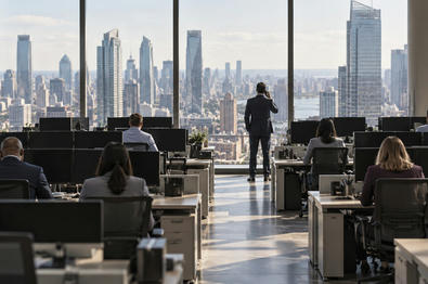 Synthetic editorial illustration. A trading floor. Rear-facing workers sit among rows of desks and dark monitors, while a suited colleague stands by tall windows holding a phone to an ear above a bright midday city view.