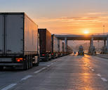 Synthetic editorial illustration. A motorway border checkpoint. A long line of plain freight trailers stretches toward inspection booths beneath a broad canopy, with low dawn sunlight warming the empty adjacent lane.