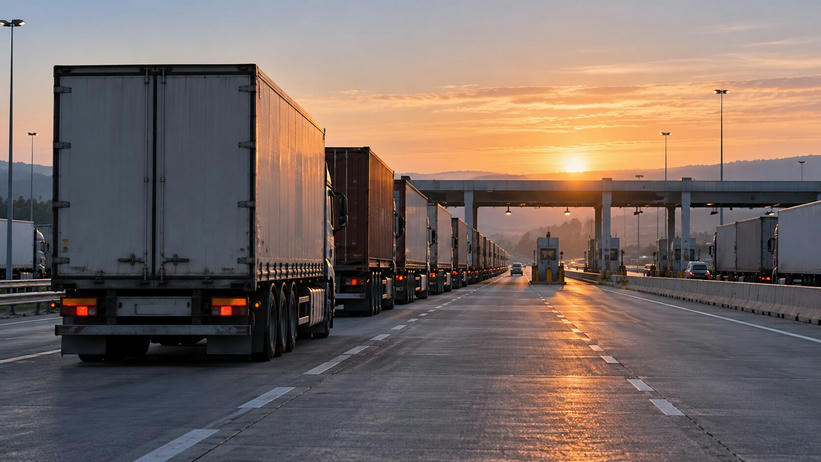Synthetic editorial illustration. A motorway border checkpoint. A long line of plain freight trailers stretches toward inspection booths beneath a broad canopy, with low dawn sunlight warming the empty adjacent lane.
