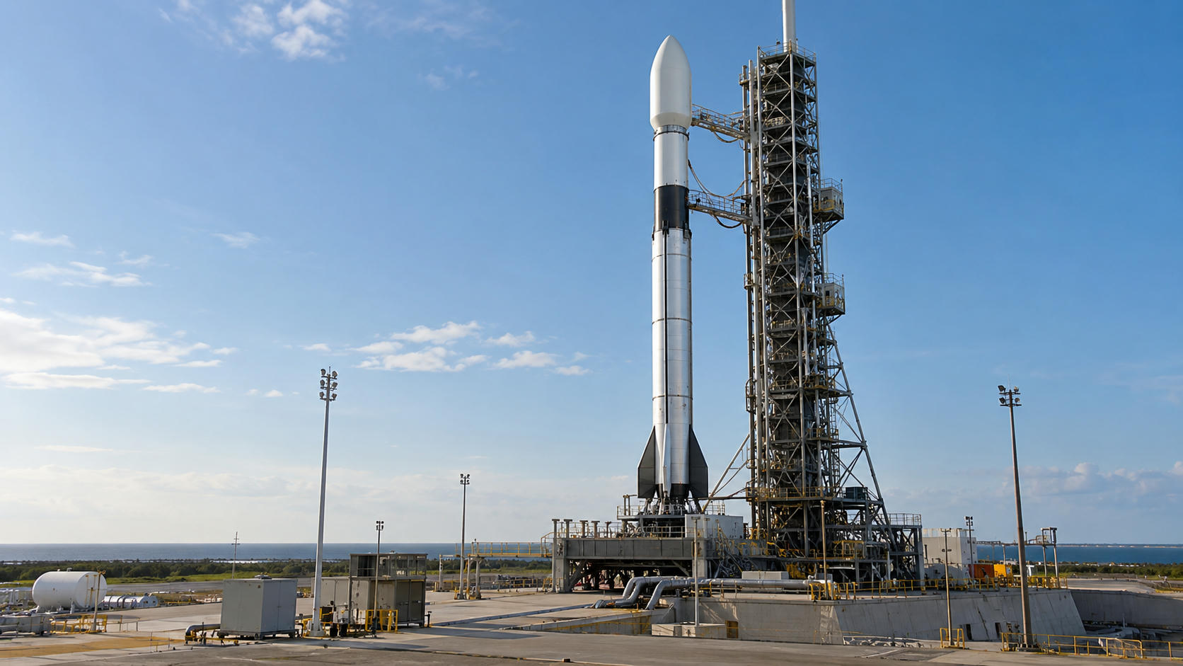 Synthetic editorial illustration. Generic unbranded space-launch vehicle beside a practical access tower on a launch pad; no launch in progress or real named vehicle/site.