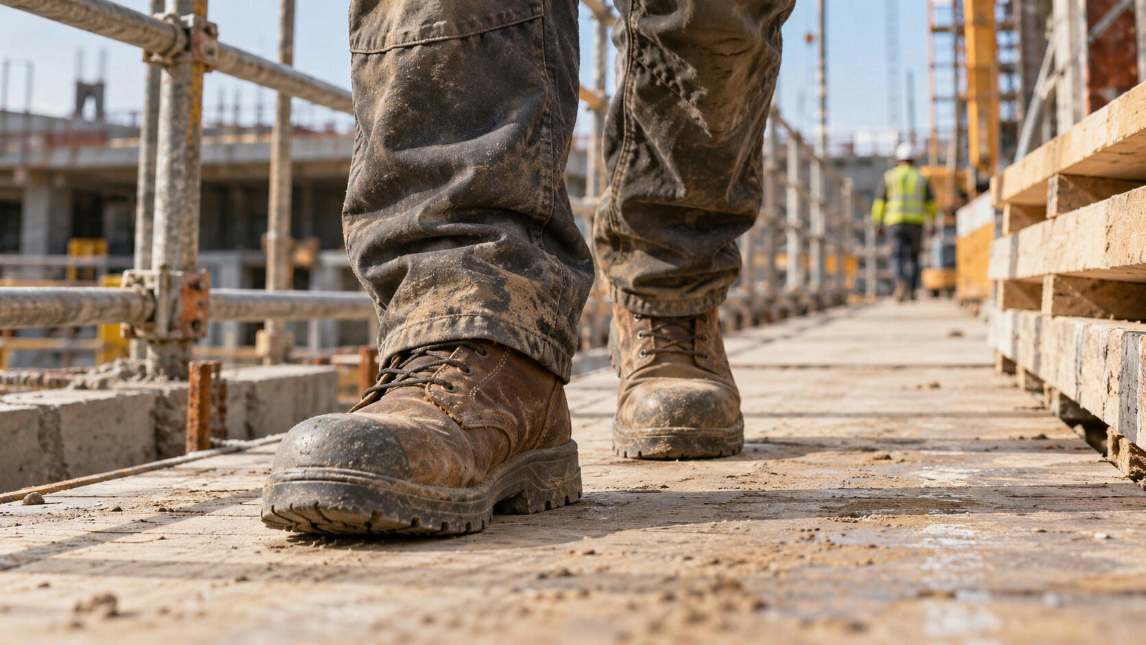 Synthetic editorial illustration. A construction-site walkway. Scuffed brown safety boots and dusty work-trouser legs fill the low foreground, with scaffold rails, stacked timber and a small rear-facing worker blurred behind.