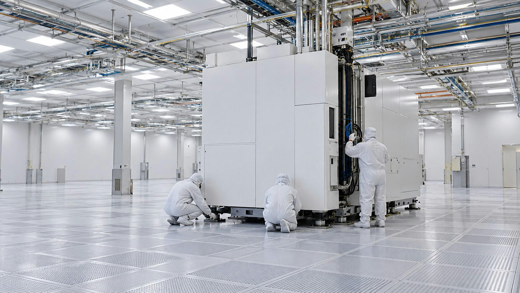 Synthetic editorial illustration. A new semiconductor fabrication bay. Three workers in hooded cleanroom suits seen from behind align a large white enclosed machine and its service connections on an otherwise open raised floor.