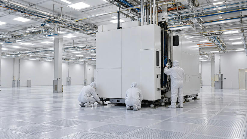 Synthetic editorial illustration. A new semiconductor fabrication bay. Three workers in hooded cleanroom suits seen from behind align a large white enclosed machine and its service connections on an otherwise open raised floor.