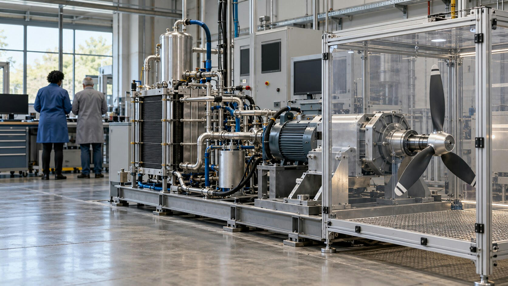 Synthetic editorial illustration. An aerospace test laboratory. A metal stack and pipework connect to an electric motor and stationary propeller inside a clear enclosure; two engineers stand with their backs to the camera by a bench.