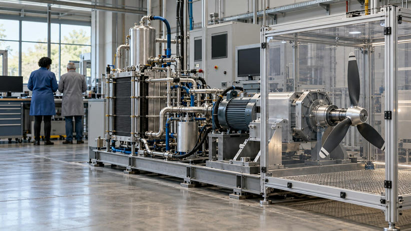 Synthetic editorial illustration. An aerospace test laboratory. A metal stack and pipework connect to an electric motor and stationary propeller inside a clear enclosure; two engineers stand with their backs to the camera by a bench.