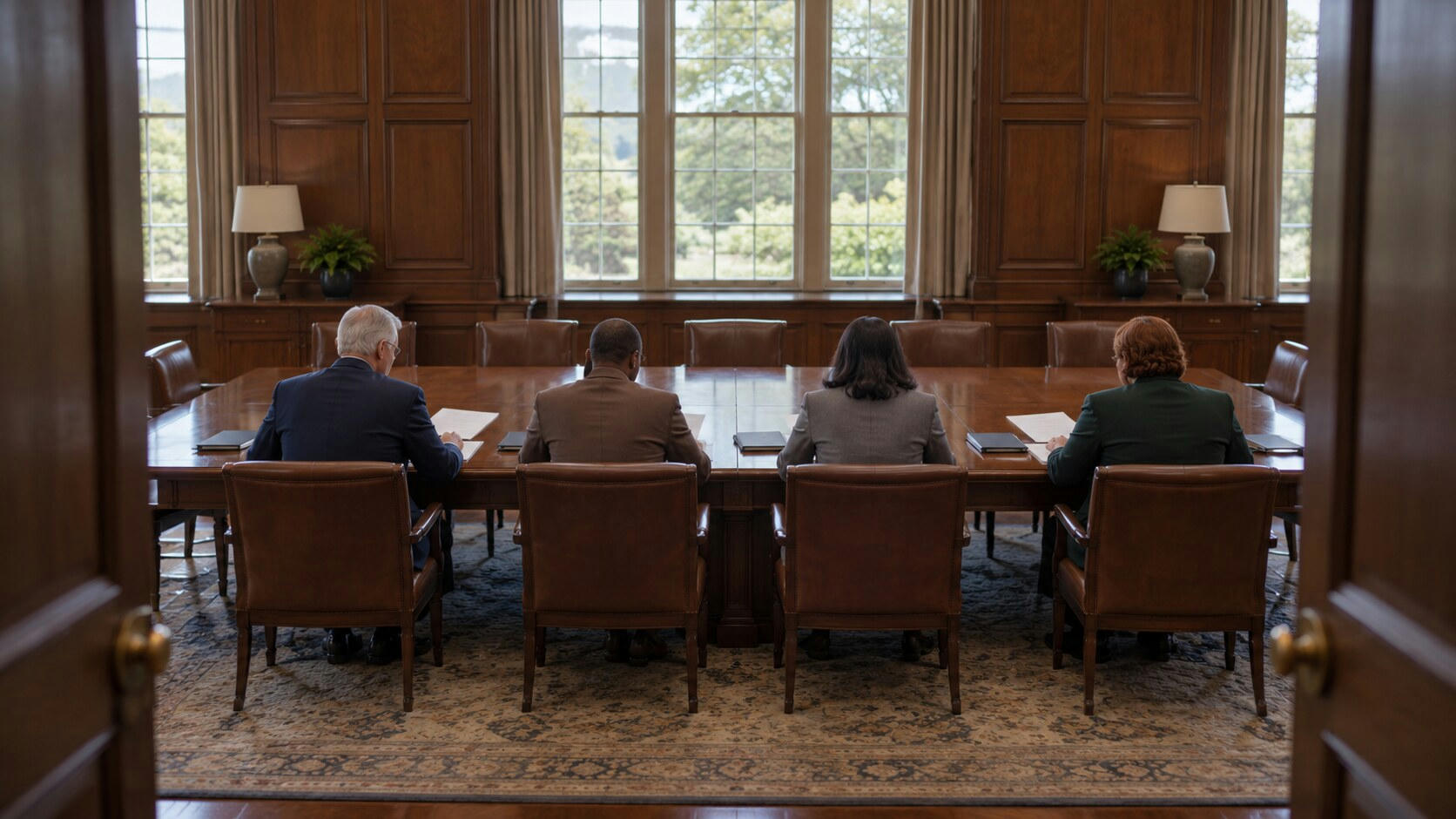 Synthetic editorial illustration. A traditional boardroom. Four trustees seen from behind review papers at a long wooden table, with empty leather chairs opposite and daylight through tall windows.